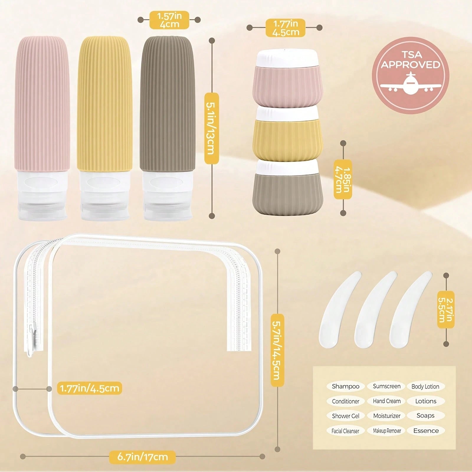 GGGold 11Pcs Silicone Travel Bottles Refillable Toiletry Containers Set With Label Spatula Clear Storage Bag Non-Slip Portable Shampoo Lotion Dispenser For Airplane Gym Camping Vacation