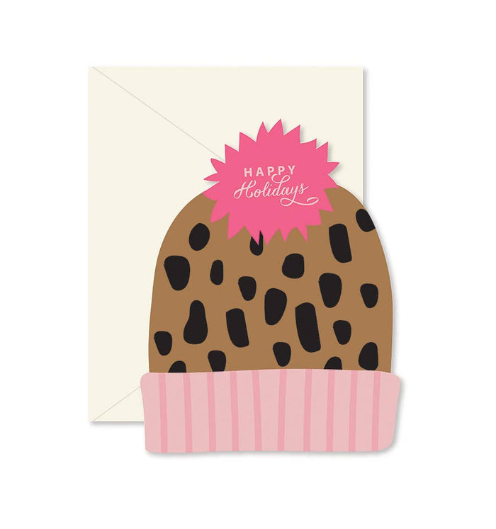Ginger P. Designs - Happy Holidays Leopard Pink Stocking Hat Greeting Card