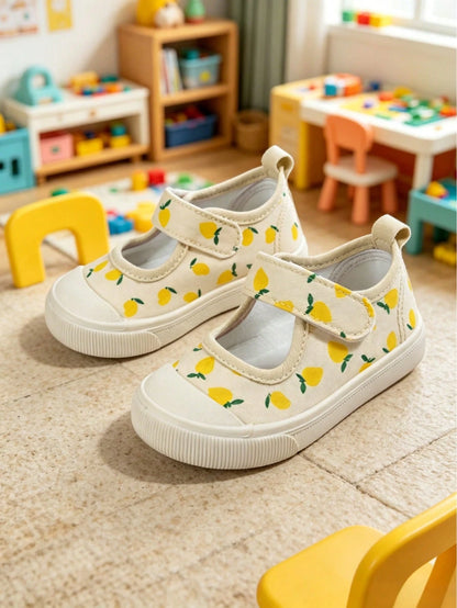 Girls' Beige Lemon Cartoon Print Korean Style Cute Versatile Lightweight Casual Square Toe Canvas Shoes, Suitable For Spring Kindergarten Indoor/Outdoor, Campus Outdoor Walking