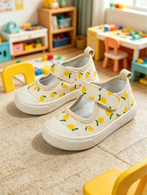 Girls' Beige Lemon Cartoon Print Korean Style Cute Versatile Lightweight Casual Square Toe Canvas Shoes, Suitable For Spring Kindergarten Indoor/Outdoor, Campus Outdoor Walking