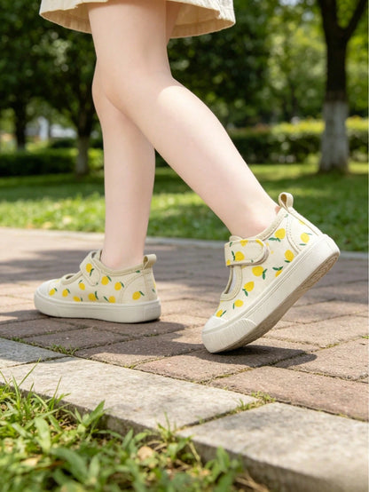 Girls' Beige Lemon Cartoon Print Korean Style Cute Versatile Lightweight Casual Square Toe Canvas Shoes, Suitable For Spring Kindergarten Indoor/Outdoor, Campus Outdoor Walking