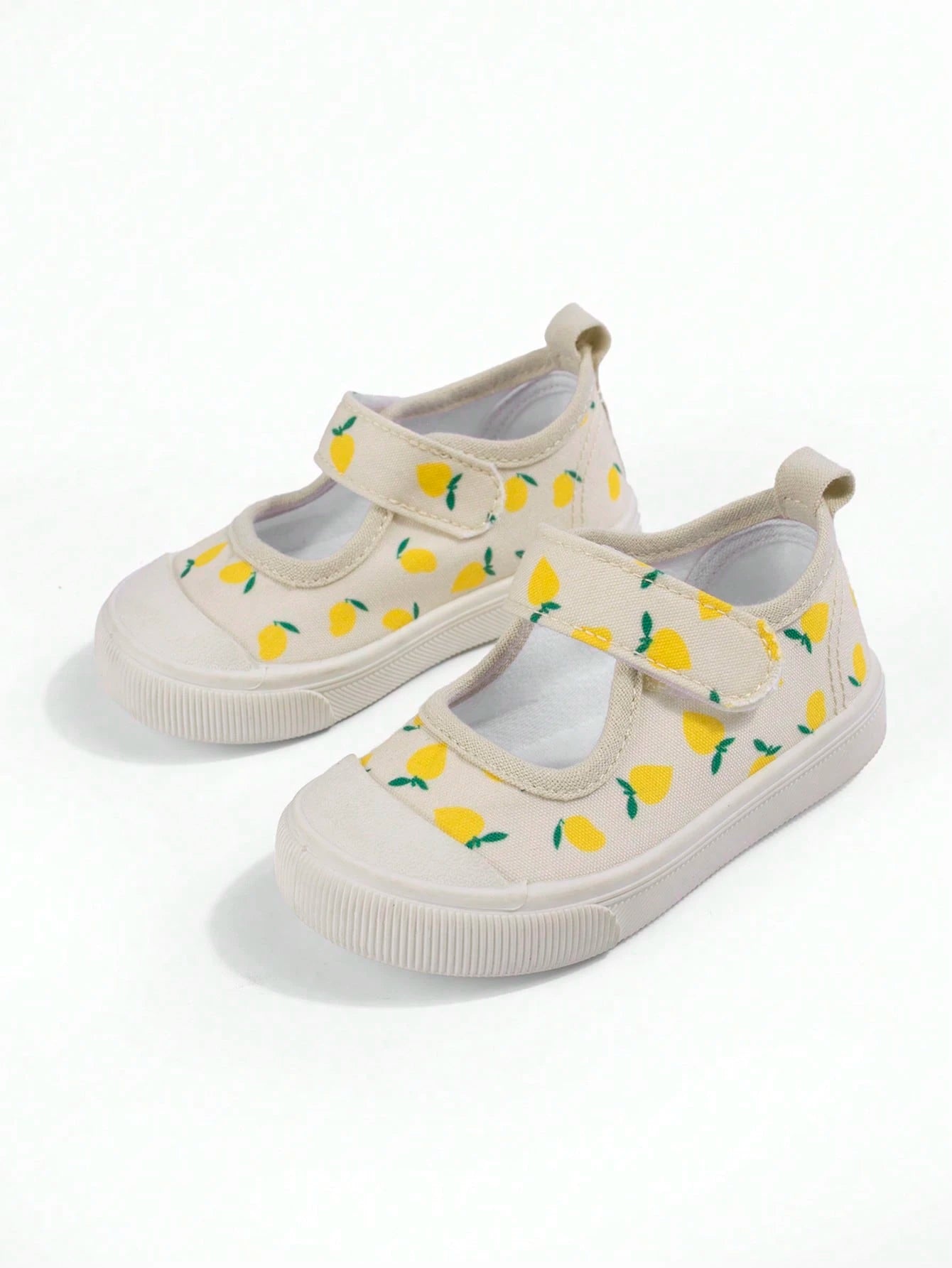 Girls' Beige Lemon Cartoon Print Korean Style Cute Versatile Lightweight Casual Square Toe Canvas Shoes, Suitable For Spring Kindergarten Indoor/Outdoor, Campus Outdoor Walking