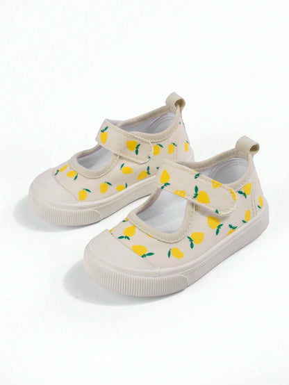 Girls' Beige Lemon Cartoon Print Korean Style Cute Versatile Lightweight Casual Square Toe Canvas Shoes, Suitable For Spring Kindergarten Indoor/Outdoor, Campus Outdoor Walking