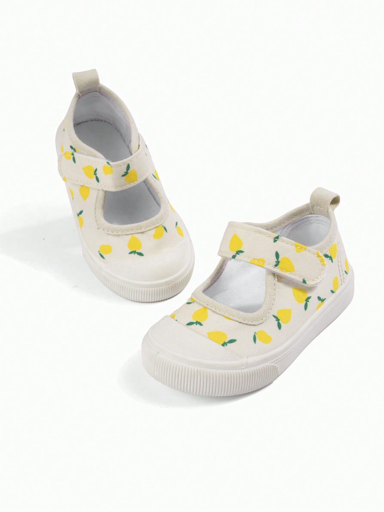 Girls' Beige Lemon Cartoon Print Korean Style Cute Versatile Lightweight Casual Square Toe Canvas Shoes, Suitable For Spring Kindergarten Indoor/Outdoor, Campus Outdoor Walking