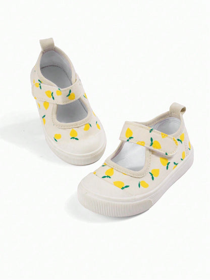 Girls' Beige Lemon Cartoon Print Korean Style Cute Versatile Lightweight Casual Square Toe Canvas Shoes, Suitable For Spring Kindergarten Indoor/Outdoor, Campus Outdoor Walking