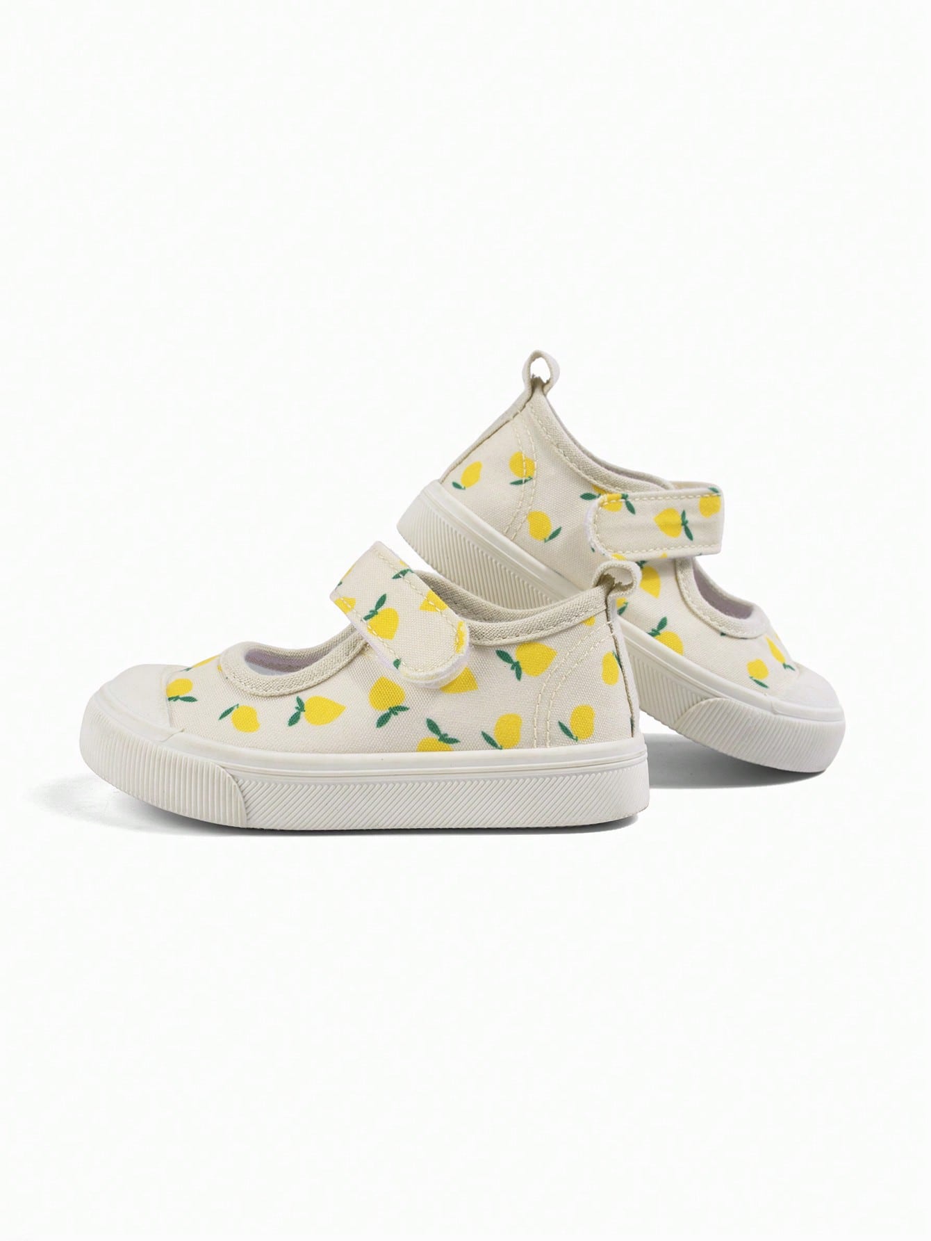 Girls' Beige Lemon Cartoon Print Korean Style Cute Versatile Lightweight Casual Square Toe Canvas Shoes, Suitable For Spring Kindergarten Indoor/Outdoor, Campus Outdoor Walking
