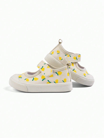 Girls' Beige Lemon Cartoon Print Korean Style Cute Versatile Lightweight Casual Square Toe Canvas Shoes, Suitable For Spring Kindergarten Indoor/Outdoor, Campus Outdoor Walking