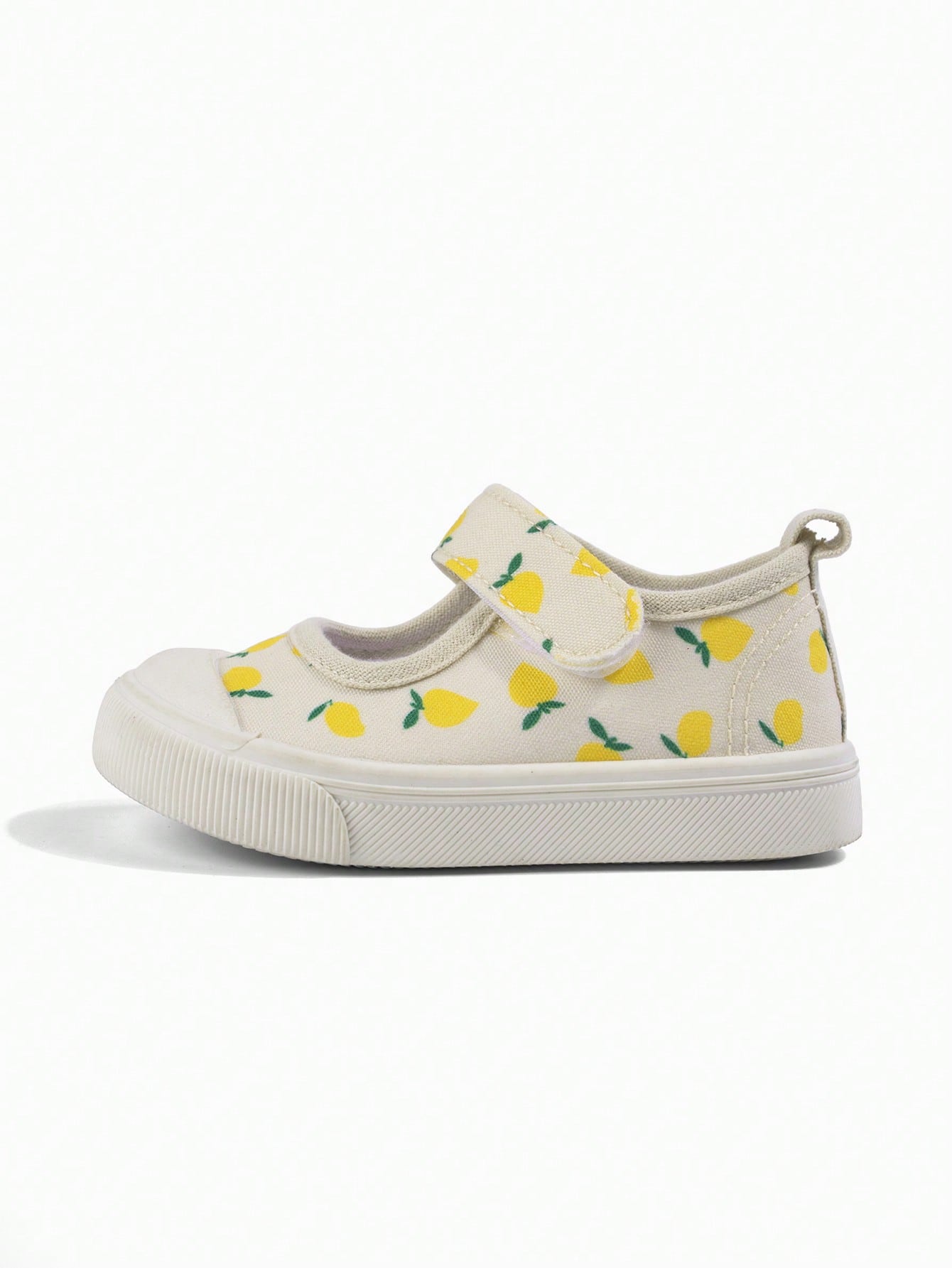 Girls' Beige Lemon Cartoon Print Korean Style Cute Versatile Lightweight Casual Square Toe Canvas Shoes, Suitable For Spring Kindergarten Indoor/Outdoor, Campus Outdoor Walking