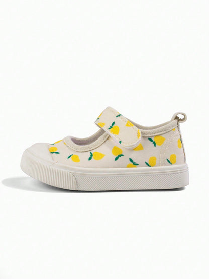 Girls' Beige Lemon Cartoon Print Korean Style Cute Versatile Lightweight Casual Square Toe Canvas Shoes, Suitable For Spring Kindergarten Indoor/Outdoor, Campus Outdoor Walking