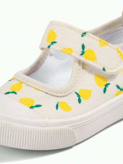 Girls' Beige Lemon Cartoon Print Korean Style Cute Versatile Lightweight Casual Square Toe Canvas Shoes, Suitable For Spring Kindergarten Indoor/Outdoor, Campus Outdoor Walking