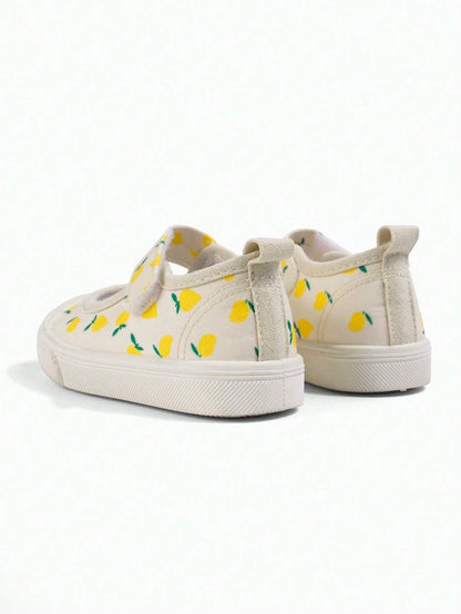 Girls' Beige Lemon Cartoon Print Korean Style Cute Versatile Lightweight Casual Square Toe Canvas Shoes, Suitable For Spring Kindergarten Indoor/Outdoor, Campus Outdoor Walking