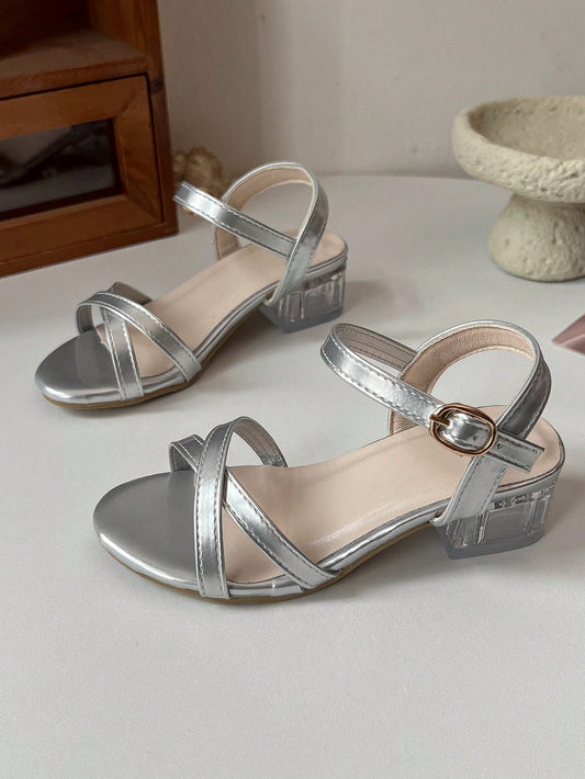 Girls' Elegant High Heel Sandals, Size 26-36| Chunky Transparent Heel And Ankle Strap| Multi-Color Metallic Shoes, Suitable For Flower Girl, Communion And Formal Occasions