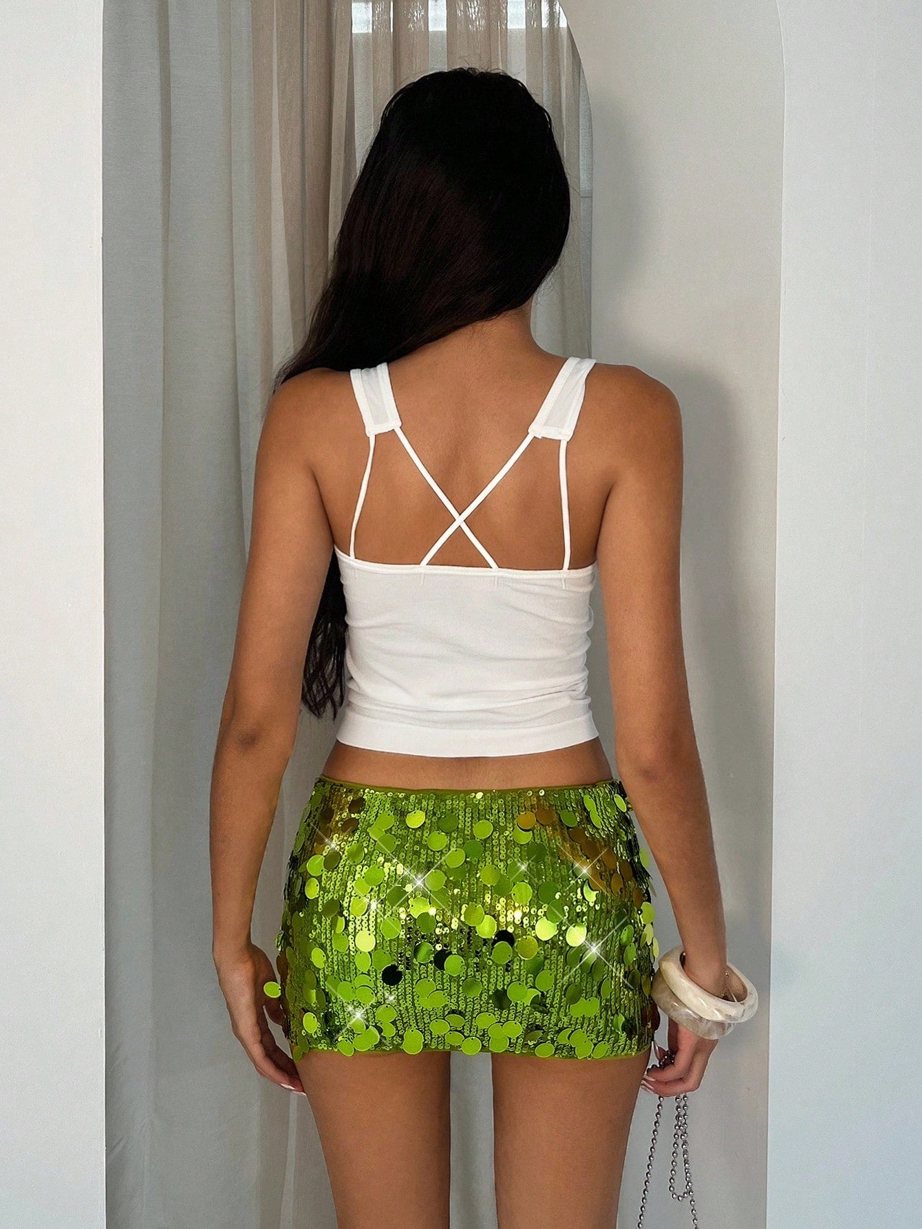 Glamine Women's Low Waist Lime Green Sequin Bodycon Mini Skirt, Sparkly Rhinestone Detail Y2K Summer Night Out Clubwear For Birthday Parties,Prom & Raves