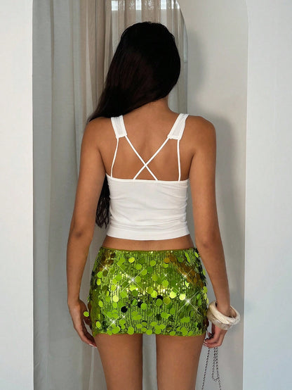 Glamine Women's Low Waist Lime Green Sequin Bodycon Mini Skirt, Sparkly Rhinestone Detail Y2K Summer Night Out Clubwear For Birthday Parties,Prom & Raves