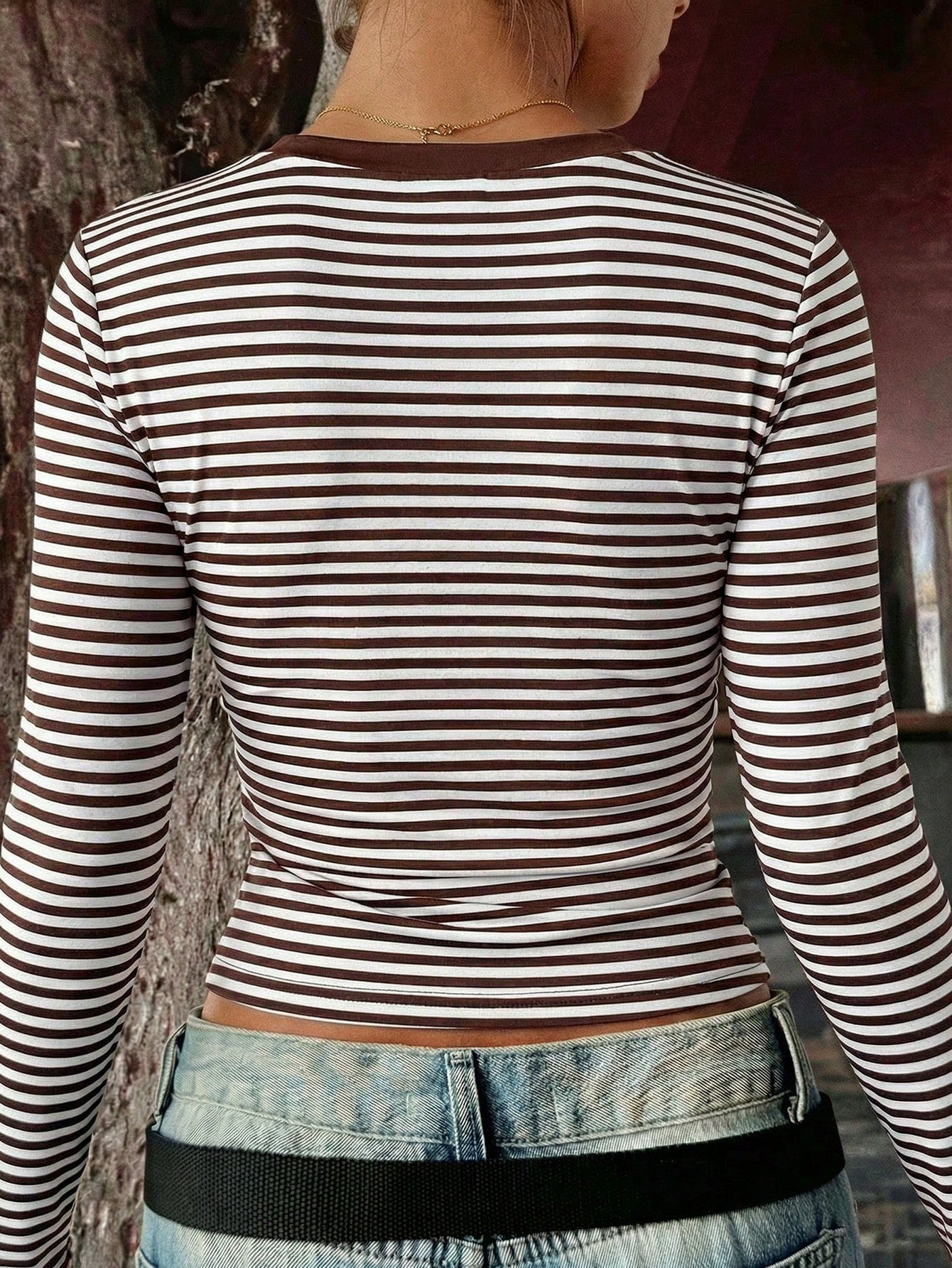 GLAMSKIN Women's Summer/Autumn Basic Striped Contrast Trim V-Neck Long Sleeve Top, Back To School/Outing/Streetwear Casual