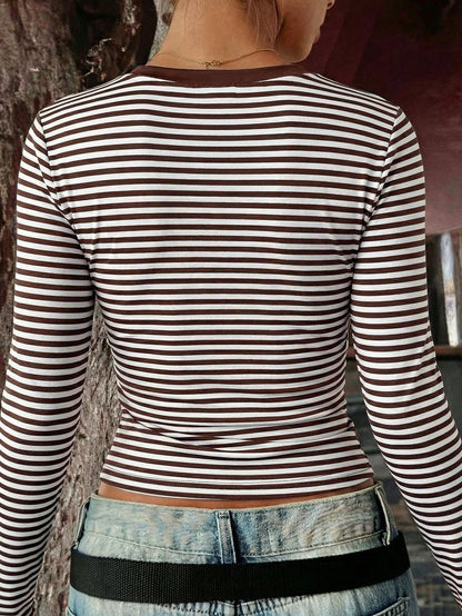 GLAMSKIN Women's Summer/Autumn Basic Striped Contrast Trim V-Neck Long Sleeve Top, Back To School/Outing/Streetwear Casual