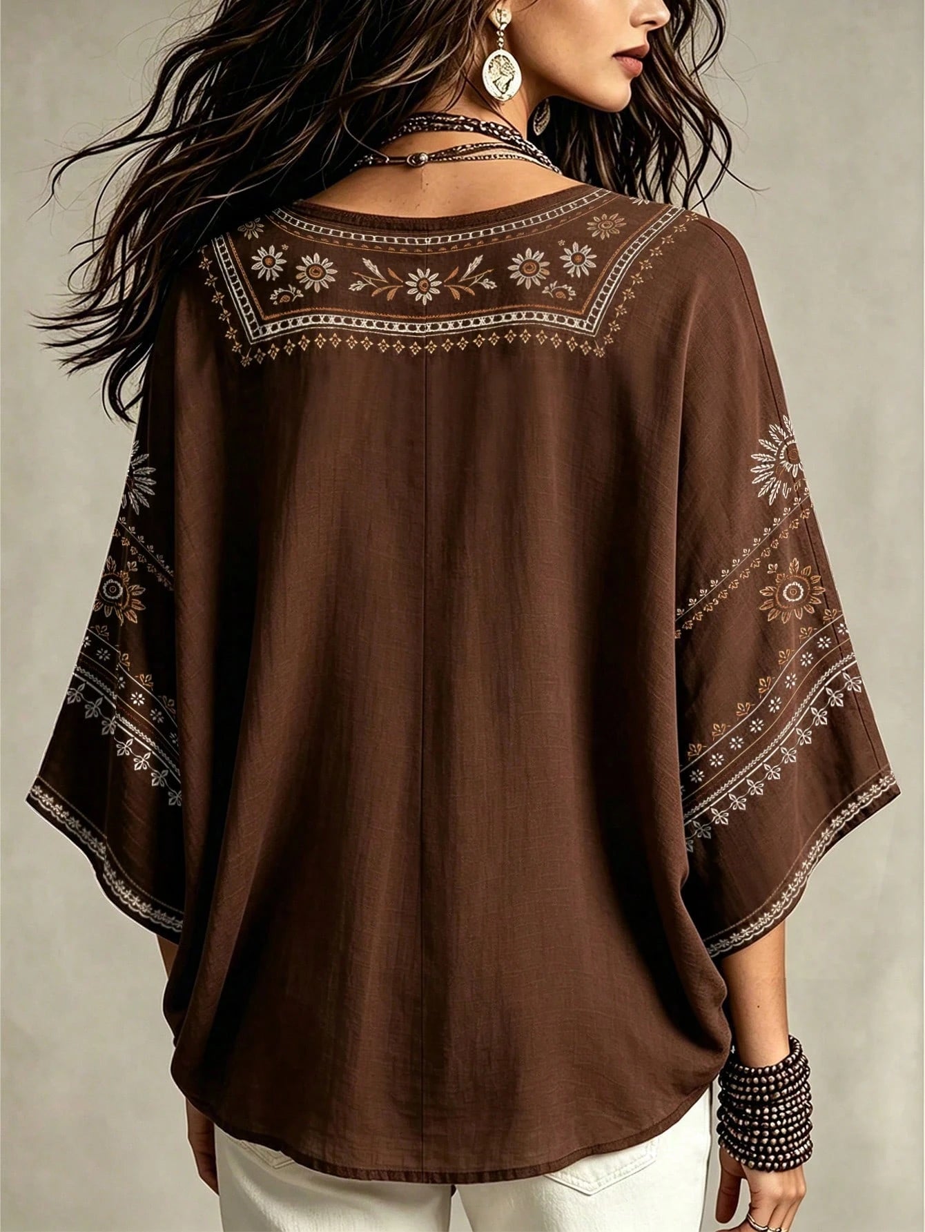 Glimmora Bohemian Faux Embroidery Floral Print Women's Blouse, Loose V-Neck Batwing 3/4 Sleeve Flattering Top, Casual Vacation Travel Shirt For Countryside And Beach, Plus Size Women's Top