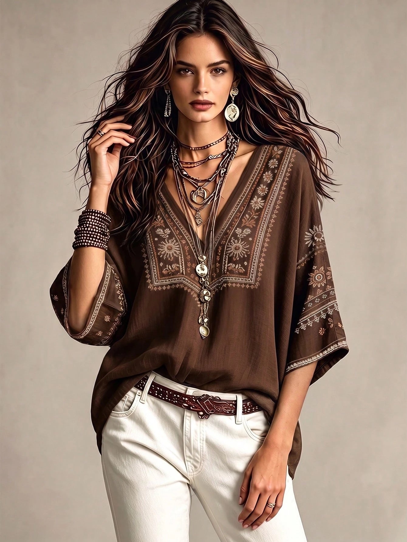 Glimmora Bohemian Faux Embroidery Floral Print Women's Blouse, Loose V-Neck Batwing 3/4 Sleeve Flattering Top, Casual Vacation Travel Shirt For Countryside And Beach, Plus Size Women's Top
