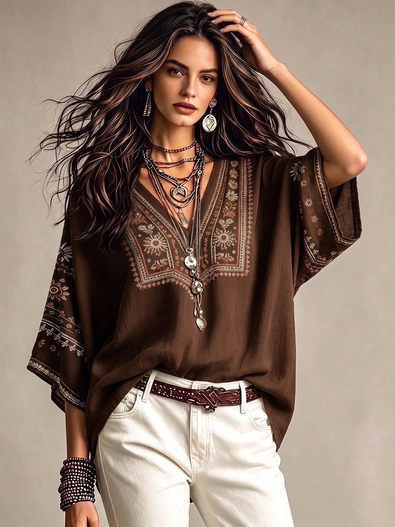 Glimmora Bohemian Faux Embroidery Floral Print Women's Blouse, Loose V-Neck Batwing 3/4 Sleeve Flattering Top, Casual Vacation Travel Shirt For Countryside And Beach, Plus Size Women's Top