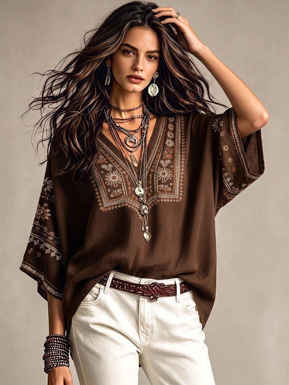 Glimmora Bohemian Faux Embroidery Floral Print Women's Blouse, Loose V-Neck Batwing 3/4 Sleeve Flattering Top, Casual Vacation Travel Shirt For Countryside And Beach, Plus Size Women's Top