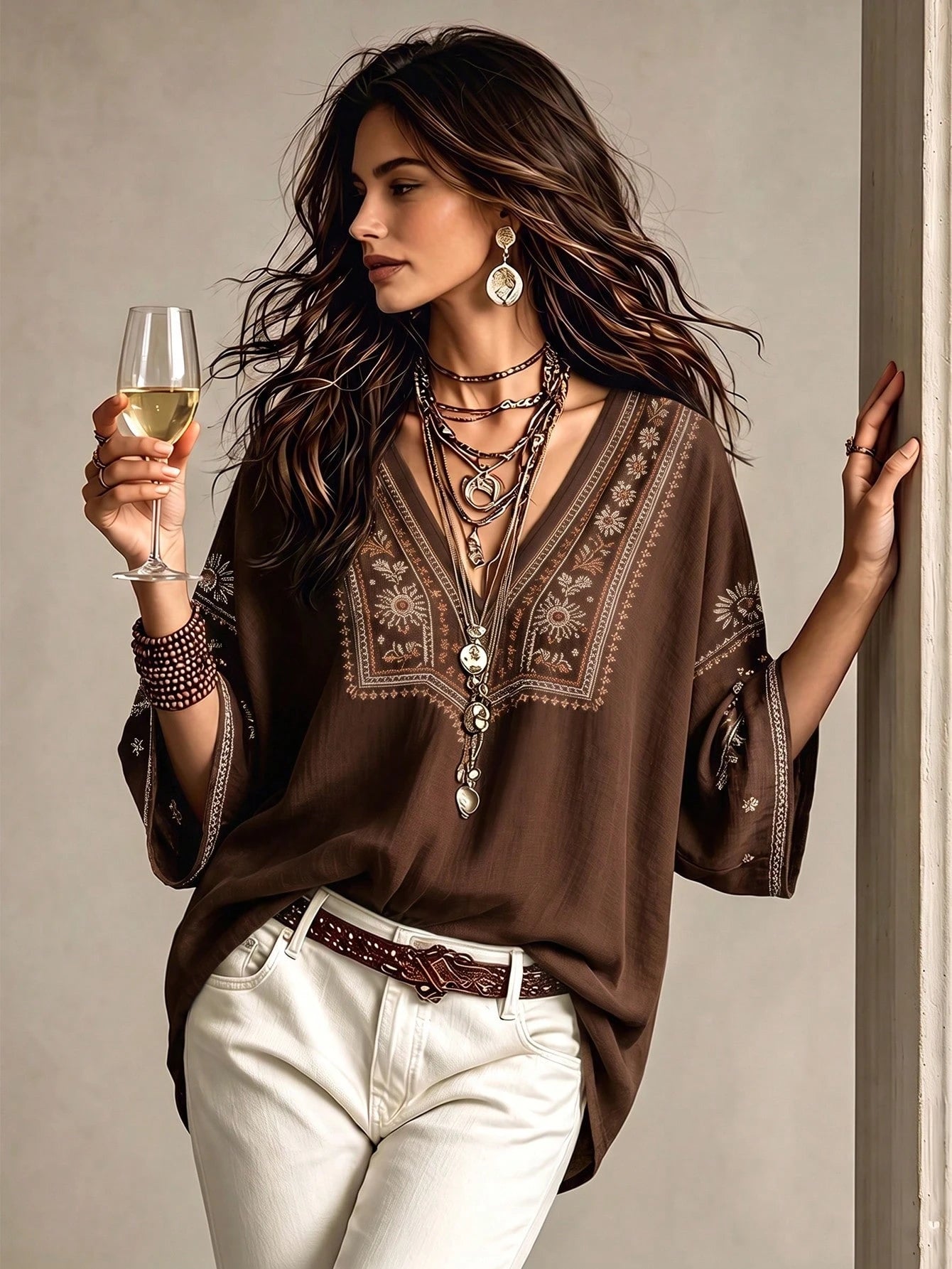 Glimmora Bohemian Faux Embroidery Floral Print Women's Blouse, Loose V-Neck Batwing 3/4 Sleeve Flattering Top, Casual Vacation Travel Shirt For Countryside And Beach, Plus Size Women's Top