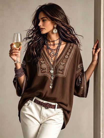 Glimmora Bohemian Faux Embroidery Floral Print Women's Blouse, Loose V-Neck Batwing 3/4 Sleeve Flattering Top, Casual Vacation Travel Shirt For Countryside And Beach, Plus Size Women's Top