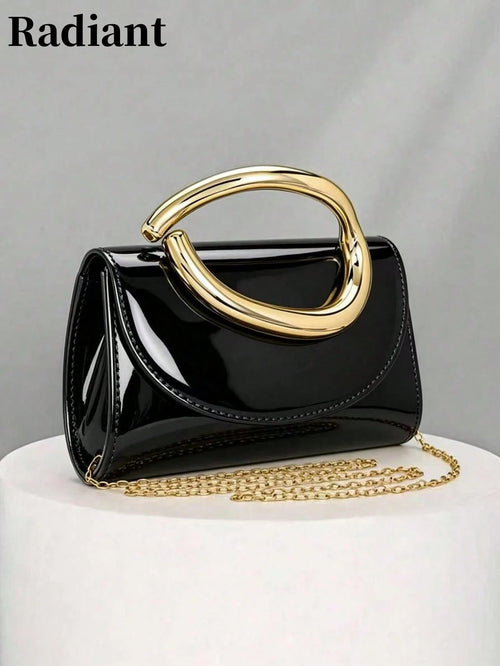 Glossy Evening Clutch With A Metal Ring And Flap Design-A Sophisticated, Vintage-Style Bag Perfect For Weddings And Dates.