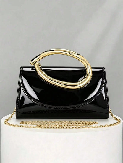 Glossy Evening Clutch With A Metal Ring And Flap Design-A Sophisticated, Vintage-Style Bag Perfect For Weddings And Dates.