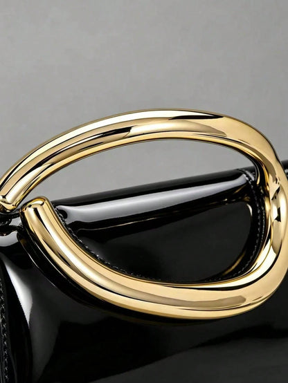 Glossy Evening Clutch With A Metal Ring And Flap Design-A Sophisticated, Vintage-Style Bag Perfect For Weddings And Dates.
