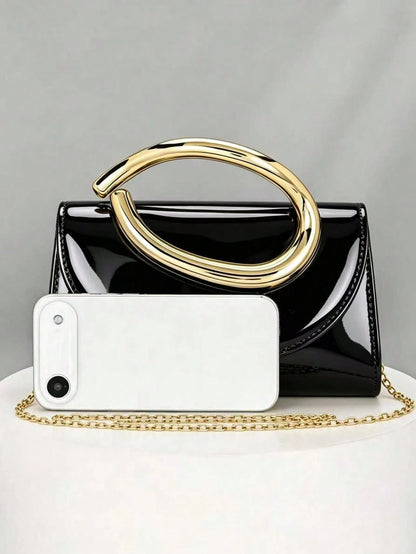 Glossy Evening Clutch With A Metal Ring And Flap Design-A Sophisticated, Vintage-Style Bag Perfect For Weddings And Dates.