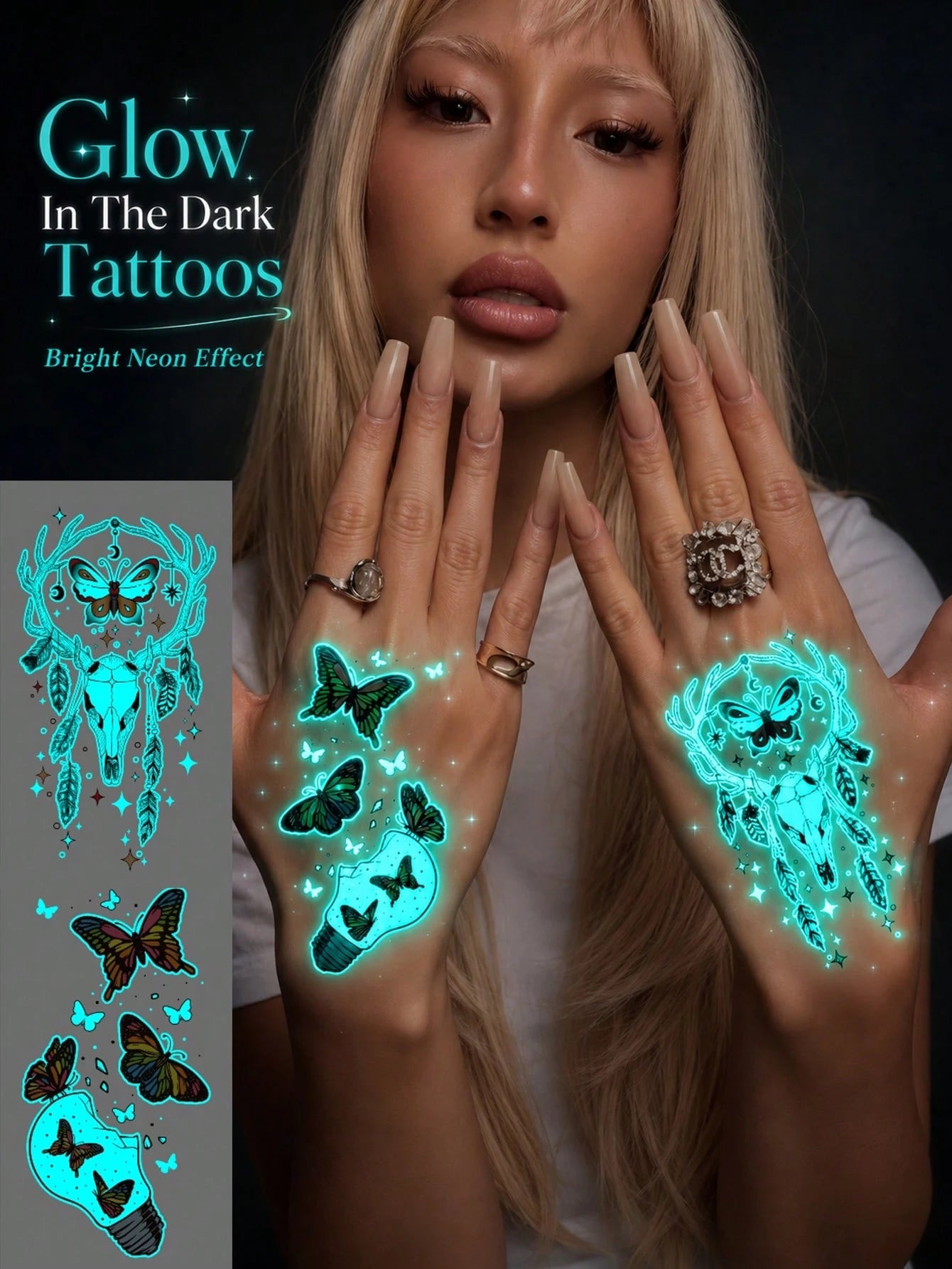Glow In The Dark Butterfly Light Bulb Temporary Tattoo Sticker, Luminous Neon Body Art, Waterproof Long Lasting Easy To Apply Tattoo For Women, Party, Festival, Halloween And Night Events