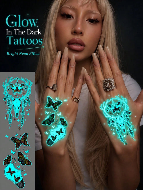Glow In The Dark Butterfly Light Bulb Temporary Tattoo Sticker, Luminous Neon Body Art, Waterproof Long Lasting Easy To Apply Tattoo For Women, Party, Festival, Halloween And Night Events