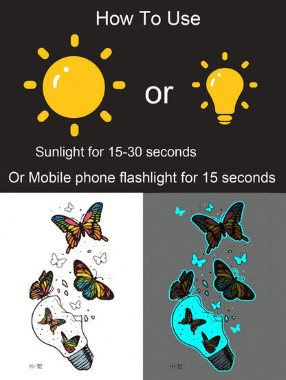 Glow In The Dark Butterfly Light Bulb Temporary Tattoo Sticker, Luminous Neon Body Art, Waterproof Long Lasting Easy To Apply Tattoo For Women, Party, Festival, Halloween And Night Events