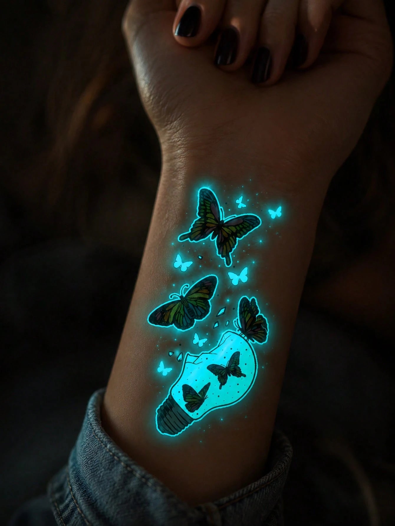 Glow In The Dark Butterfly Light Bulb Temporary Tattoo Sticker, Luminous Neon Body Art, Waterproof Long Lasting Easy To Apply Tattoo For Women, Party, Festival, Halloween And Night Events