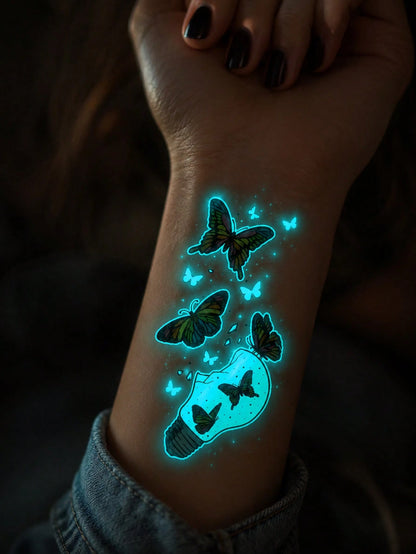 Glow In The Dark Butterfly Light Bulb Temporary Tattoo Sticker, Luminous Neon Body Art, Waterproof Long Lasting Easy To Apply Tattoo For Women, Party, Festival, Halloween And Night Events