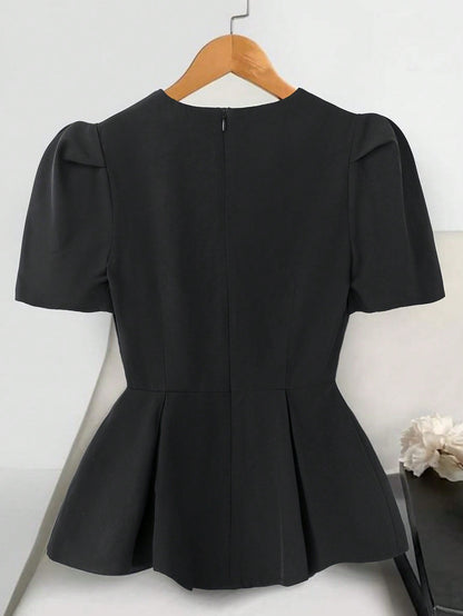 GlowEve Black Round Neck Waist-Cinched Short Sleeve Women Blouse