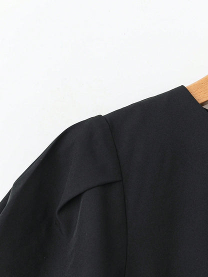GlowEve Black Round Neck Waist-Cinched Short Sleeve Women Blouse