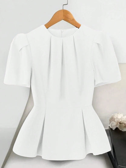 GlowEve Black Round Neck Waist-Cinched Short Sleeve Women Blouse