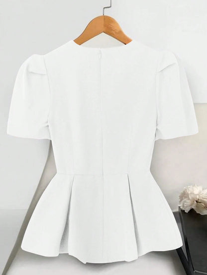 GlowEve Black Round Neck Waist-Cinched Short Sleeve Women Blouse