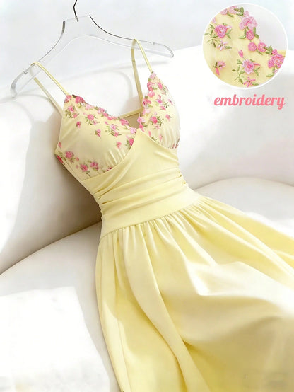 GlowEve Women's Pink And Yellow Embroidered Collar A-Line Spaghetti Strap Dress,Elegant Summer Garden Party Charming Sweet French Retro Daily Vacation