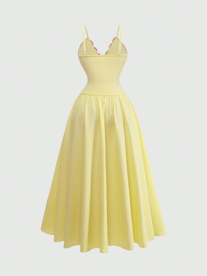 GlowEve Women's Pink And Yellow Embroidered Collar A-Line Spaghetti Strap Dress,Elegant Summer Garden Party Charming Sweet French Retro Daily Vacation
