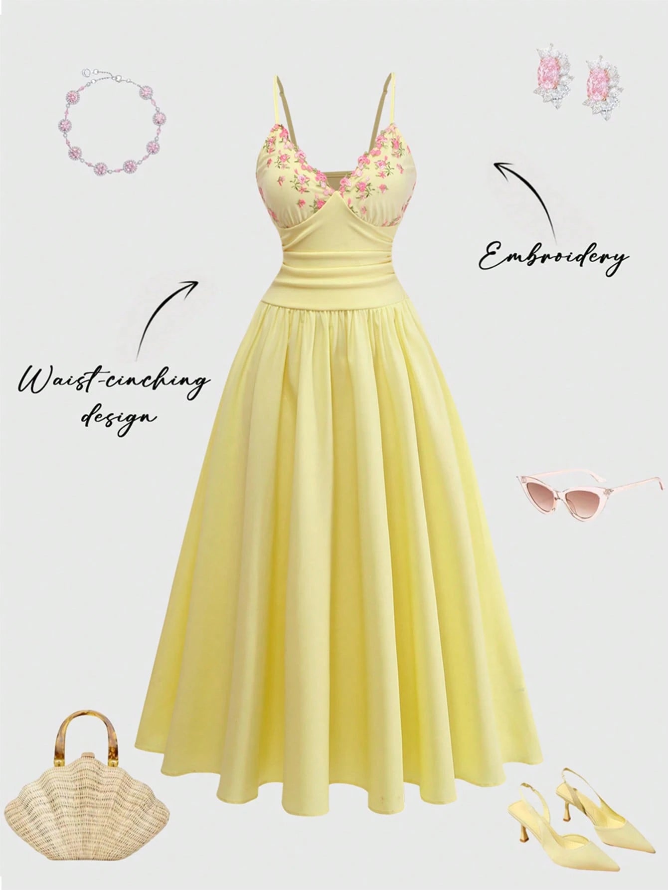 GlowEve Women's Pink And Yellow Embroidered Collar A-Line Spaghetti Strap Dress,Elegant Summer Garden Party Charming Sweet French Retro Daily Vacation