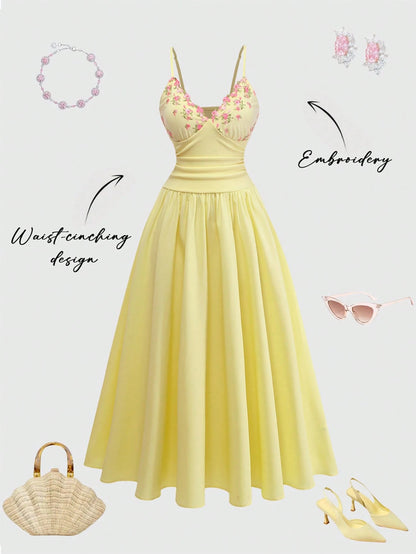 GlowEve Women's Pink And Yellow Embroidered Collar A-Line Spaghetti Strap Dress,Elegant Summer Garden Party Charming Sweet French Retro Daily Vacation