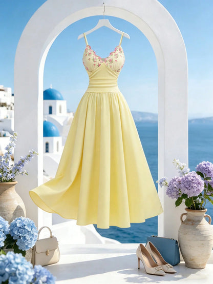 GlowEve Women's Pink And Yellow Embroidered Collar A-Line Spaghetti Strap Dress,Elegant Summer Garden Party Charming Sweet French Retro Daily Vacation