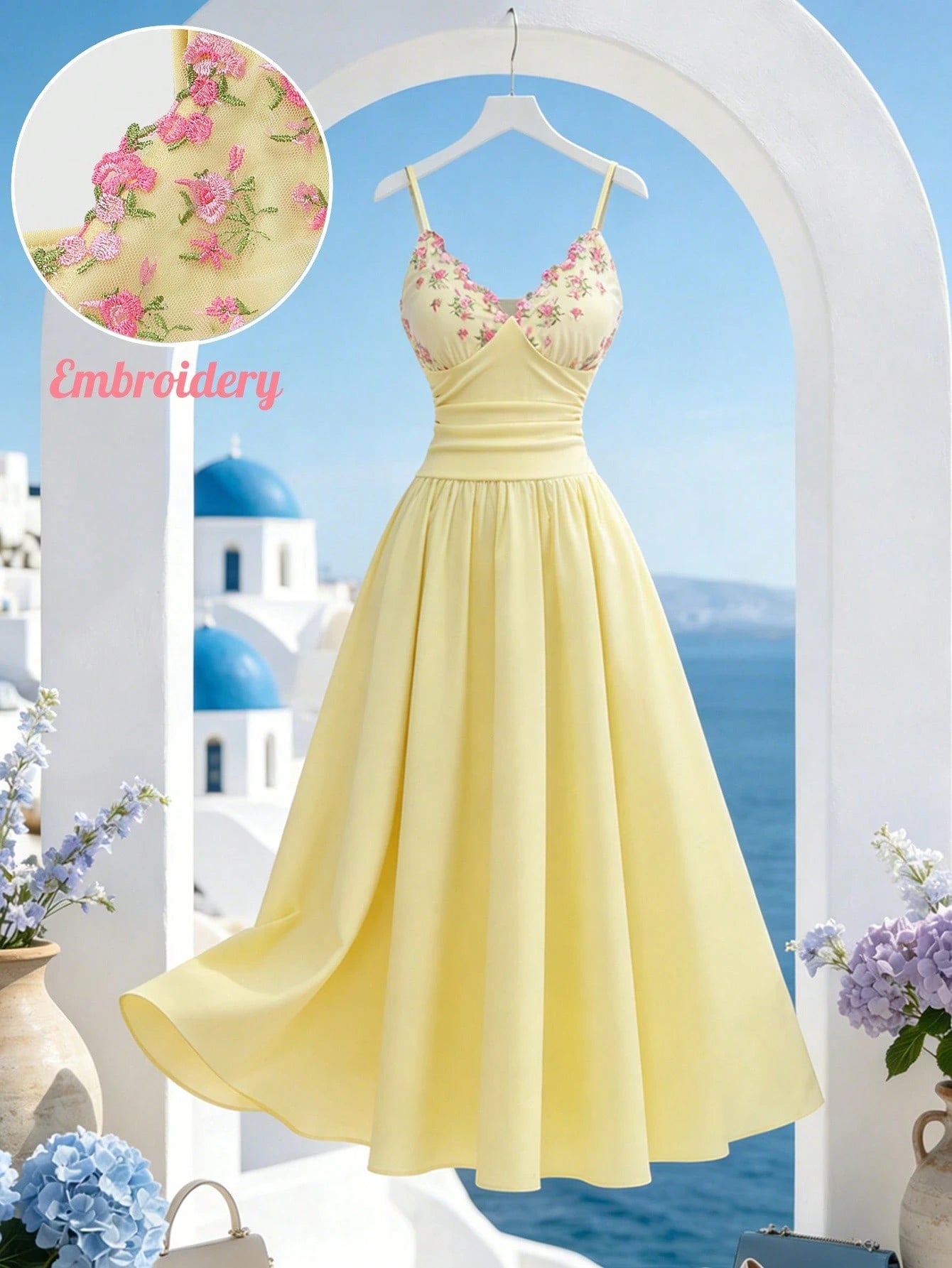 GlowEve Women's Pink And Yellow Embroidered Collar A-Line Spaghetti Strap Dress,Elegant Summer Garden Party Charming Sweet French Retro Daily Vacation