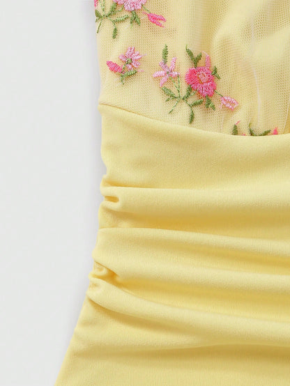 GlowEve Women's Pink And Yellow Embroidered Collar A-Line Spaghetti Strap Dress,Elegant Summer Garden Party Charming Sweet French Retro Daily Vacation