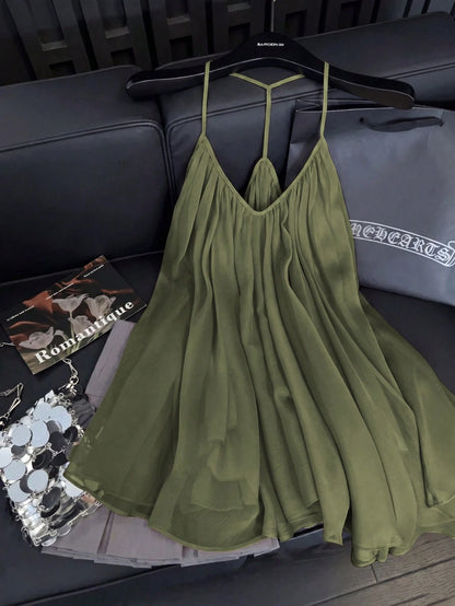 GlowEve Women's Solid Color Sheer Chiffon Ruched V-Neck Cami Loose Fit Voluminous Gathered Backless Lined Cami Top, Elegant French Vintage Style, Suitable For Office, Commute, Casual, Vacation, Aftern