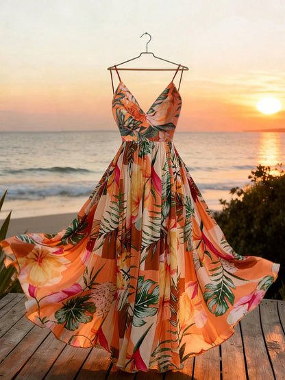 GlowEve Women's Vacation Casual All-Over Print Spaghetti Strap Mid-Length Dress