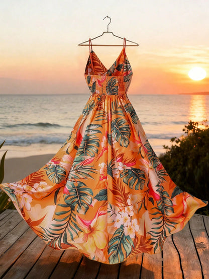 GlowEve Women's Vacation Casual All-Over Print Spaghetti Strap Mid-Length Dress