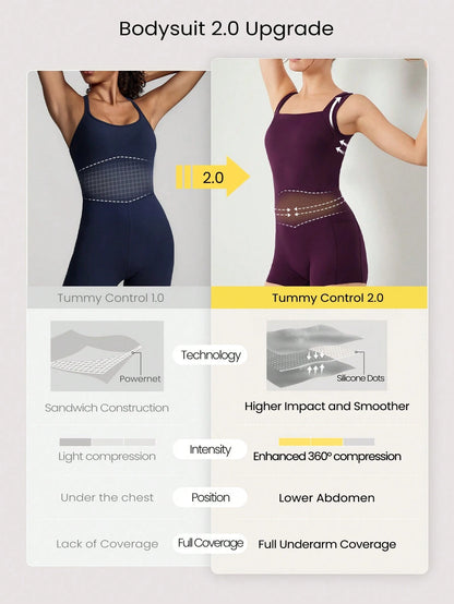 GLOWMODE 2.6'' ButterFit Sweat-Wicking Quick-Dry Tummy Control Cutout Back Workout Romper Bodyduit With Side Pockets Non-Slip Grips Yoga Pilates